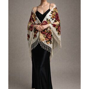 Vintage B&B Floral Beaded Fringe Shawl Silk Rayon Velvet Burnout Wrap 74” x 42”